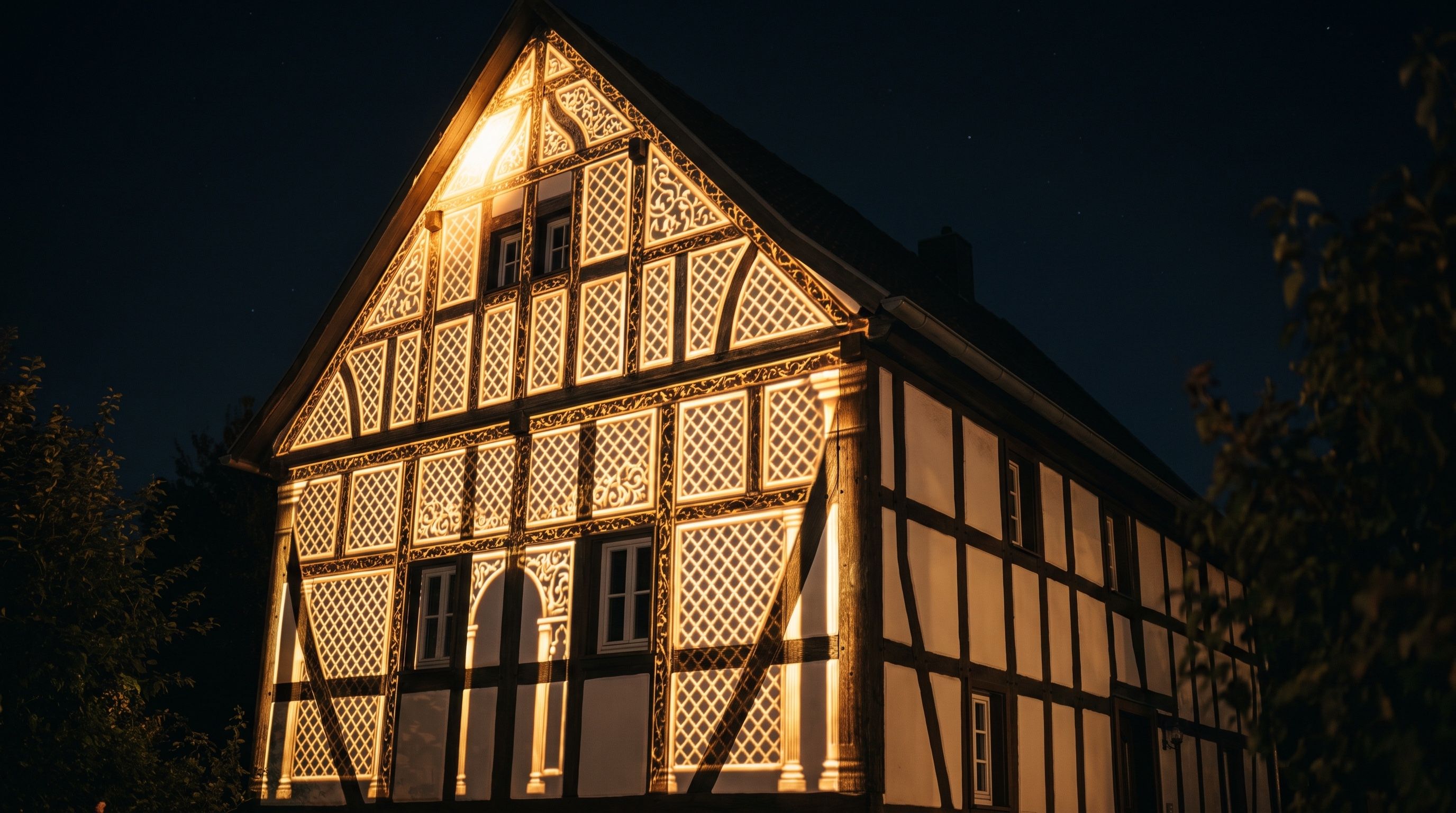 Fachwerkhaus-Giebel mit Balken und Gefachen, nachts golden illuminiert