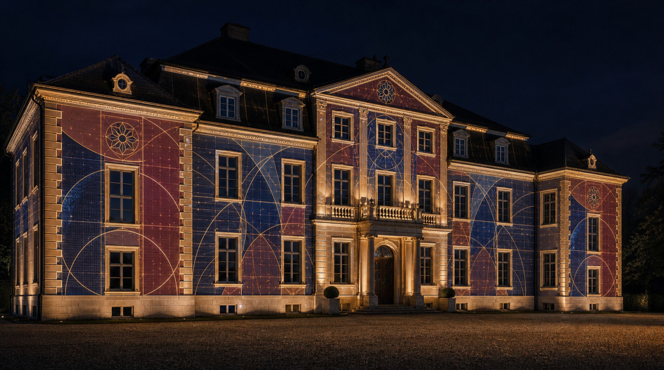 Zweiflügeliges Gutshaus mit geometrischem Lichtmuster in Gold, Rot und Blau
