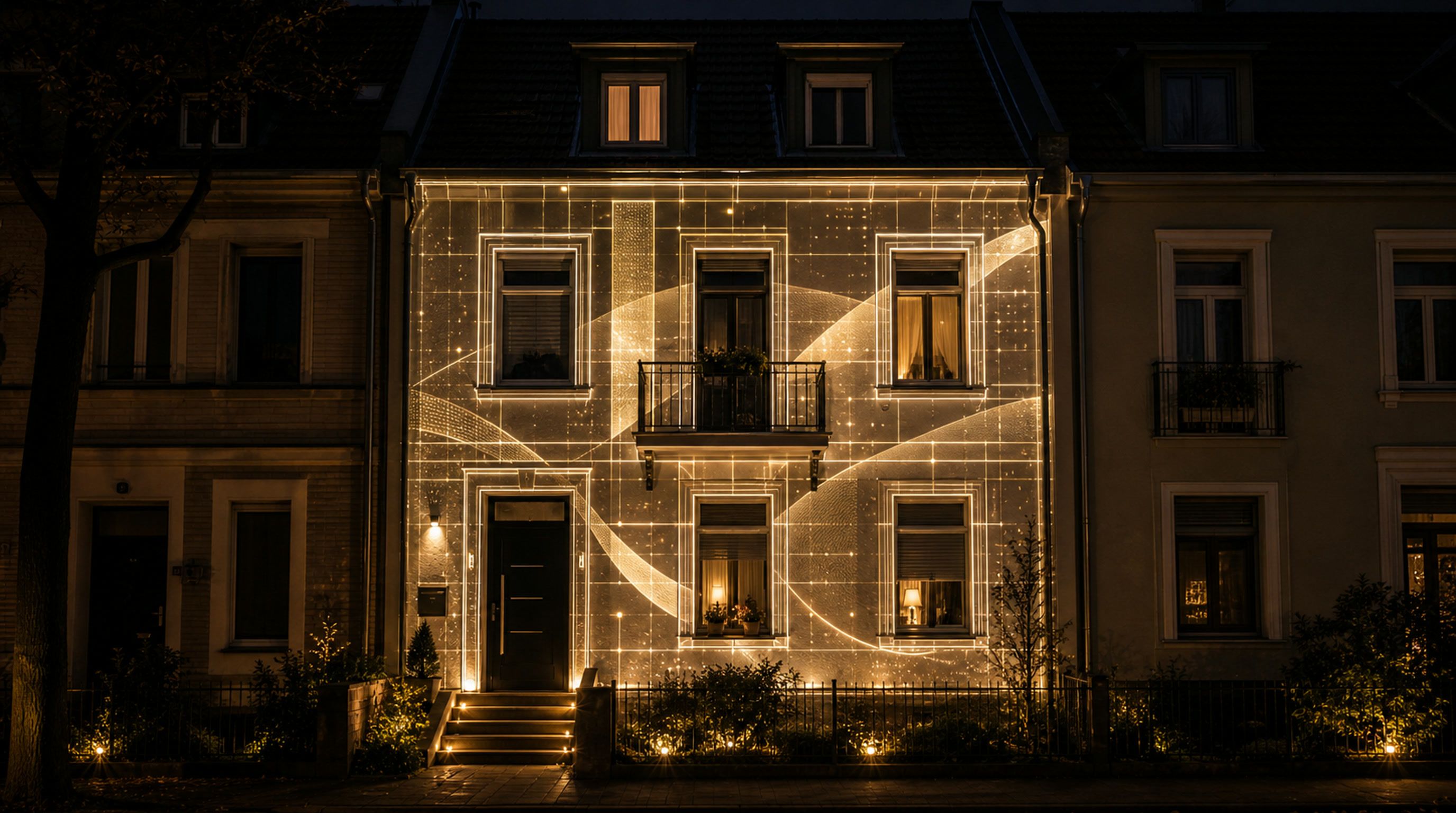 Reihenhausfassade mit Balkon und wellenförmigem Lichtraster bei Nacht