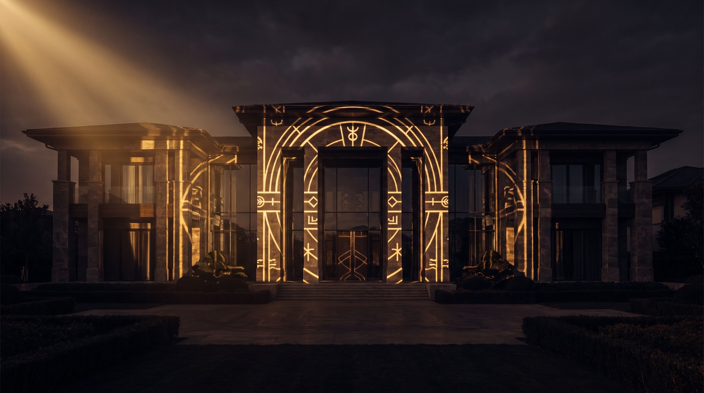 Symmetrische Villa-Fassade mit Säulenportal, Eingang in goldenem Lichtmuster
